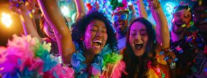 a vibrant and engaging photo booth scene, adorned with colourful props and a dazzling backdrop, captures joyful guests celebrating with laughter and excitement in a stylish leeds venue.
