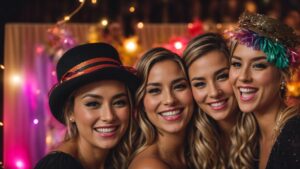 a charming vintage photo booth adorned with retro decor, capturing the joyful laughter of friends in stylish outfits against a backdrop of colorful streamers and twinkling fairy lights, exuding the essence of memorable events in leeds.