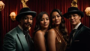 a charming vintage photo booth adorned with rich velvet curtains and classic props, creating a nostalgic atmosphere that invites guests to capture timeless memories at a lively event.